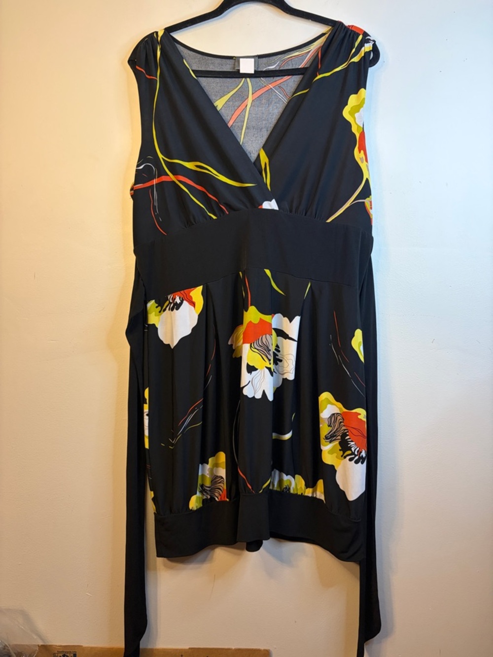 Dots Black Mini Dress with Yellow, White Orange Floral Print Size 2X EUC #66